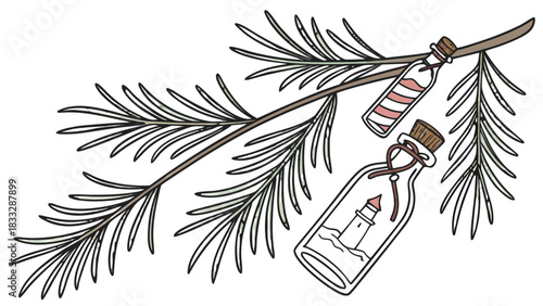 Pine Branch with Hanging Message in a Bottle Ornaments Vector Illustration, An illustration of a pine branch with two hanging glass bottle ornaments, one containing a miniature lighthouse and the othe