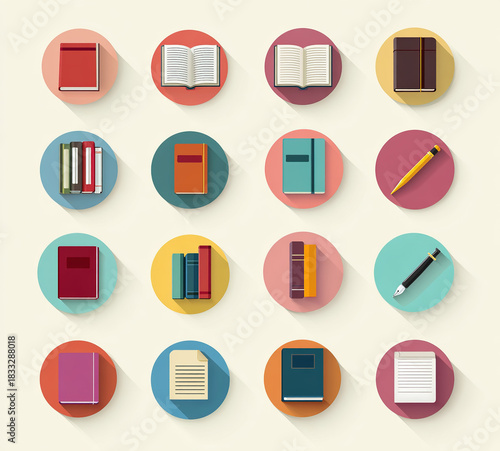 Open and stacked books - Colorful circular icons - Education and knowledge