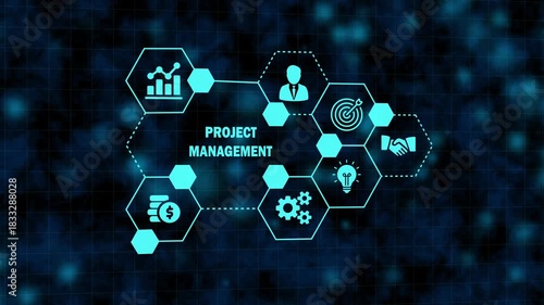 futuristic project management interface with hexagonal business icons. modern technology hud showing project management process. global business strategy and project workflow network dashboard.