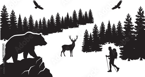 Wilderness scene silhouette with hiker, bear, deer, and flying eagles, illustrating nature, wildlife, adventure, and conifer forest landscape, isolated vector