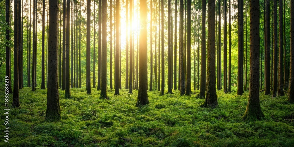 Obraz premium A serene forest scene illuminated by sunlight filtering through tall trees, surrounded by lush green foliage and ferns.