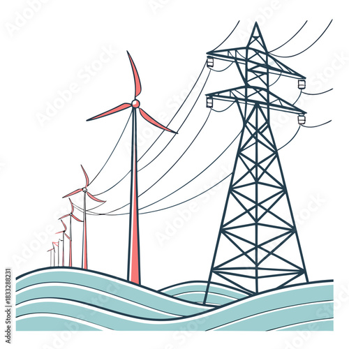 Modern wind turbines and a large electricity pylon stand on rolling blue waves under a white sky