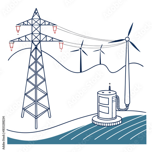 Modern energy landscape featuring wind turbines and a power pylon connected to a futuristic charging station for electric vehicles