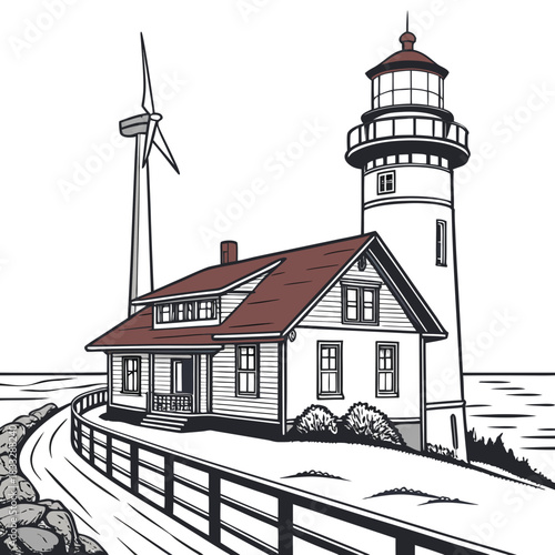Coastal lighthouse and keeper s house with a wind turbine generating clean energy by the sea