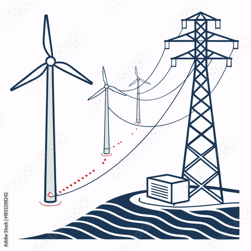 Wind turbines generating clean renewable energy connected to a power grid via transmission lines and substation