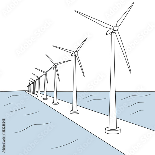 A row of wind turbines stands on a platform in the ocean generating clean renewable energy for a sustainable future