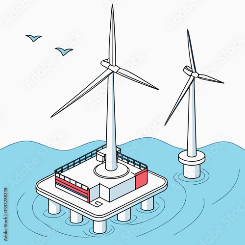 Offshore wind turbines stand tall in the ocean generating clean renewable energy with birds flying overhead