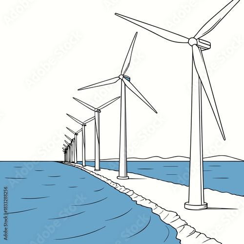 A row of wind turbines stands tall along a coastal path next to the blue ocean water under a clear sky