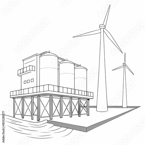 Industrial facility with storage silos and wind turbines on a platform overlooking water with waves