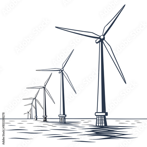 Offshore wind farm with multiple turbines lined up in the ocean with a white background and stylized water