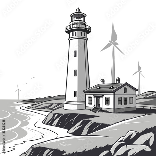 Coastal lighthouse and keeper s house stand tall beside wind turbines generating clean energy by the ocean
