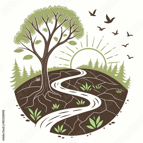 Stylized illustration of a large tree with visible roots a winding river and a sun rising over a forest with birds flying