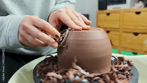 A woman returns a piece of clay on a potter's wheel.