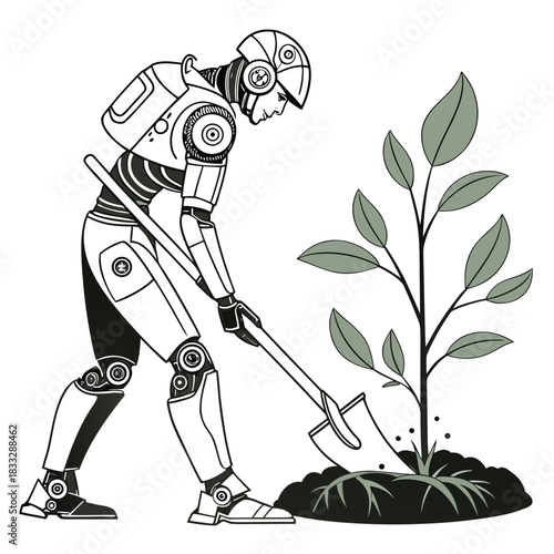Futuristic robot diligently planting a young sapling tree in the soil with a shovel representing technological advancement in environmental conservation efforts