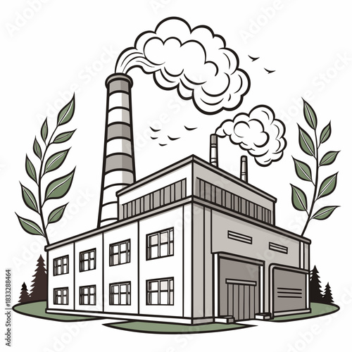 Stylized illustration of a factory with a tall smokestack emitting smoke and two smaller chimneys framed by green branches and trees