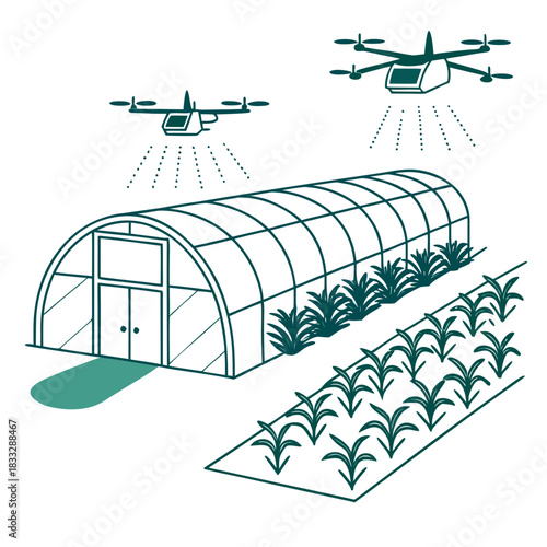 Modern agriculture utilizes drones for spraying and monitoring crops in a greenhouse and outdoor field setting