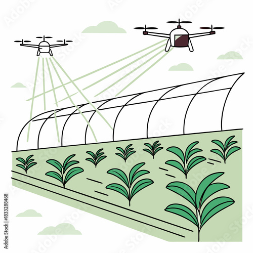 Modern agriculture with drones monitoring crops inside a greenhouse and fields under a clear sky