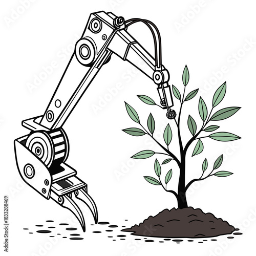 Mechanical arm gently holding a young sapling planted in rich soil with a white background