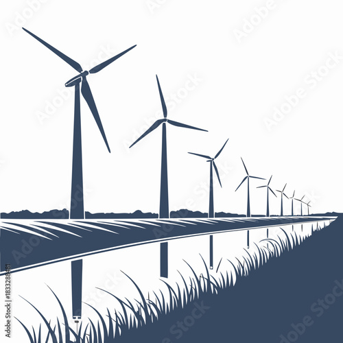 A row of wind turbines in silhouette reflected in a calm body of water with grassy banks under a clear sky