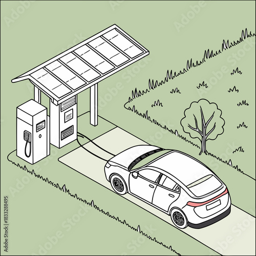 Modern electric car charging at a solar powered station with a tree and grass in the background