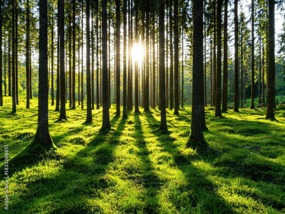 Fototapeta premium A serene forest scene with tall trees casting long shadows on lush green grass, illuminated by warm sunlight filtering through the branches.