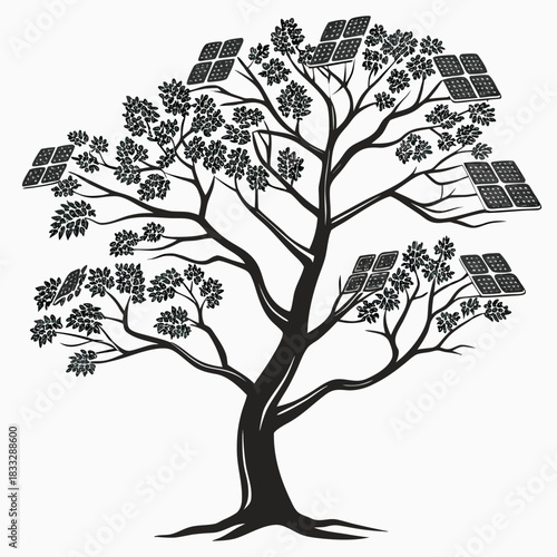 Stylized silhouette of a tree with solar panels integrated into its branches and leaves
