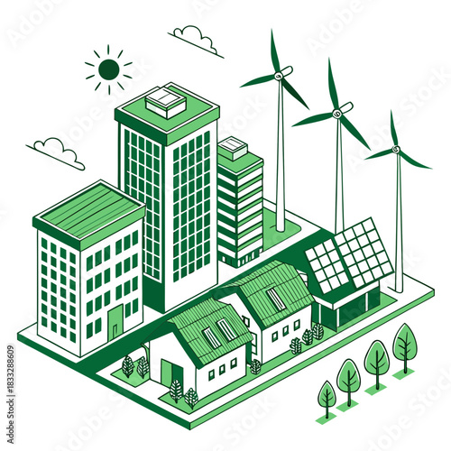 Isometric illustration of a sustainable city with renewable energy sources like wind turbines and solar panels powering buildings and homes