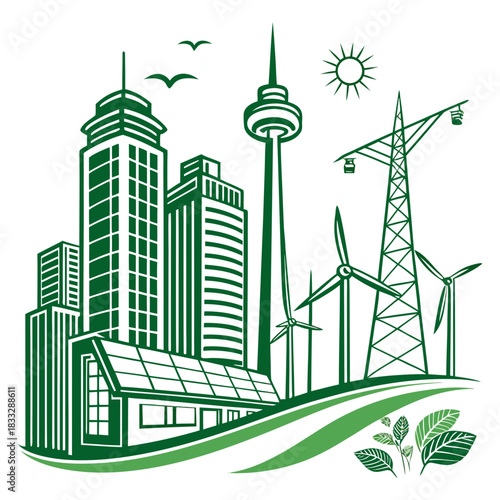 Green urban landscape with modern buildings wind turbines solar panels and power lines symbolizing sustainable city development and renewable energy