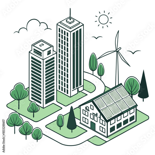 Isometric illustration of a sustainable city with skyscrapers a house with solar panels and a wind turbine generating clean energy