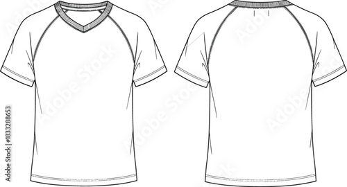 Technical flat sketch of short-sleeved V-neck raglan T-shirt, fashion design template, garment illustration, apparel vector, clothing outline