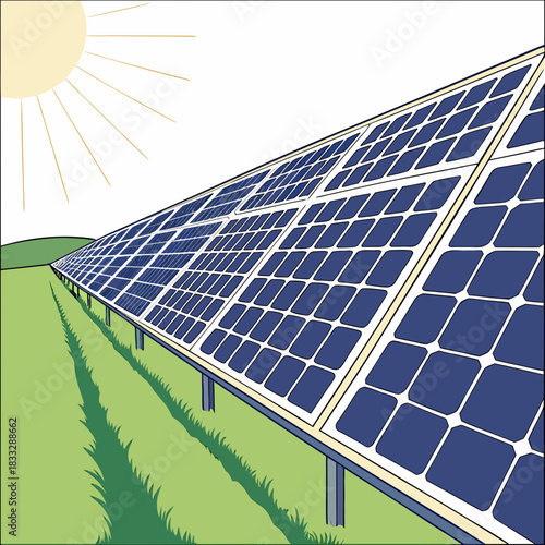 Vast array of solar panels capturing sunlight on a green hillside under a bright sunny sky