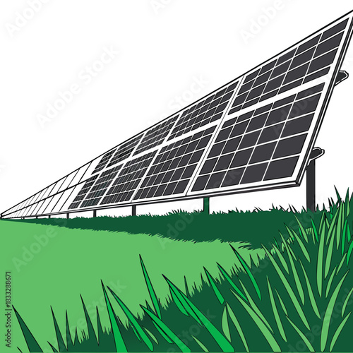 A long row of solar panels stretches across a green grassy field under a clear white sky