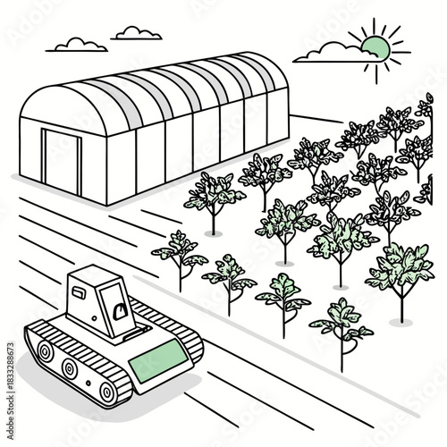 Modern agricultural technology with a robotic tractor tending to crops near a greenhouse under a sunny sky with clouds