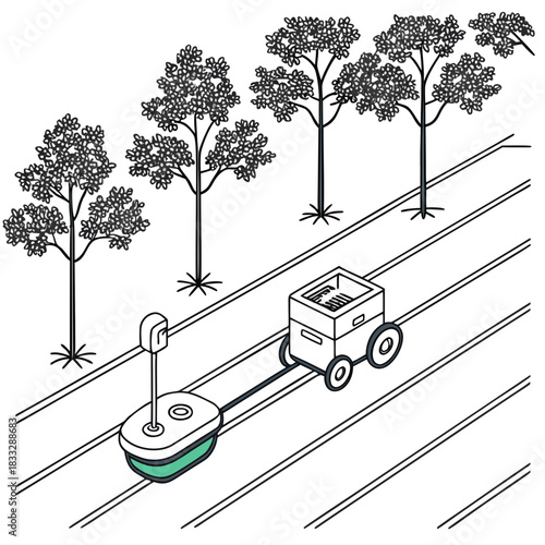 Autonomous agricultural robot with a trailer navigating through a field with trees and parallel rows