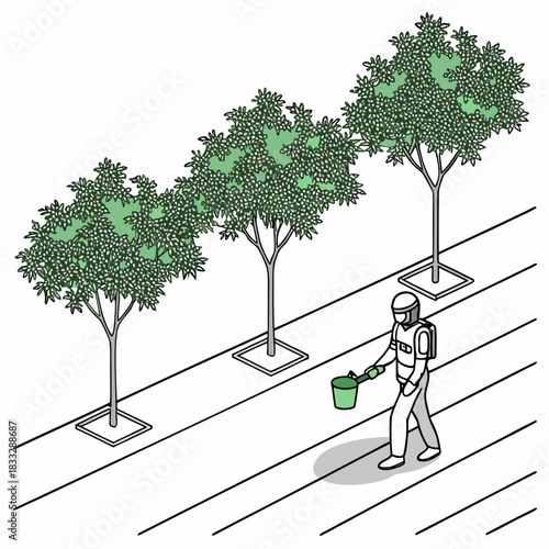 A person in protective gear walks along a street carrying a bucket and tending to trees planted in a row