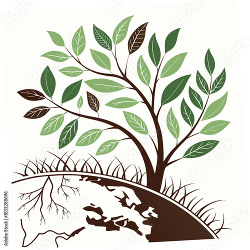 Stylized illustration of a healthy tree with green leaves and visible roots growing from the earth on a white background
