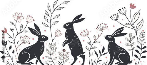 Black Rabbit Silhouettes with Floral & Botanical Elements Minimal Vector Animal Clipart Set”