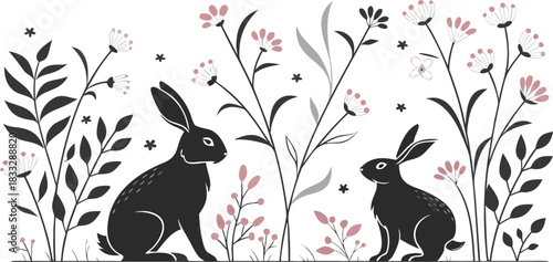 Black Rabbit Silhouettes with Floral & Botanical Elements Minimal Vector Animal Clipart Set”