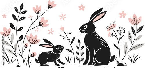 Black Rabbit Silhouettes with Floral & Botanical Elements Minimal Vector Animal Clipart Set”