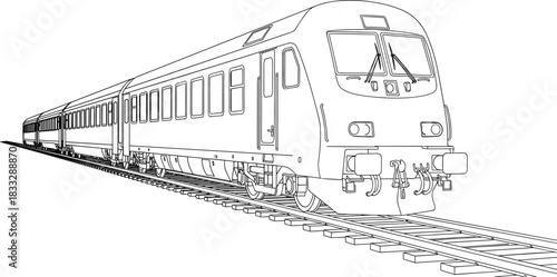 Modern passenger train on railroad tracks — black and white line vector showing detailed cars, rails, and front-side perspective