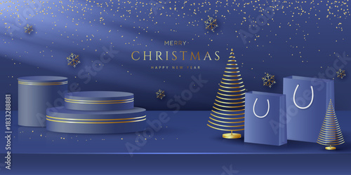 A luxurious blue Christmas backdrop featuring a variety of podiums