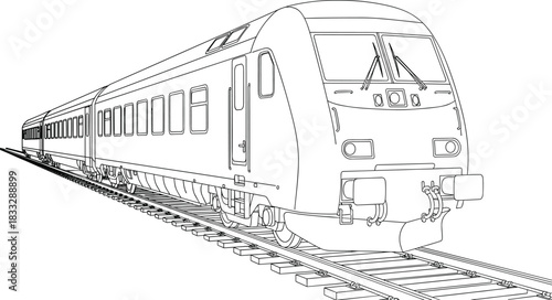 Modern passenger train on railway tracks — black and white line vector showing streamlined cars, perspective view, and detailed features