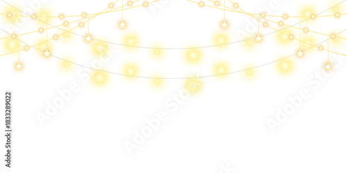 Twinkling fairy lights glow in soft amber. Golden garland loops around festive corner. Warm bulbs dangle on celebration wire, star lights, curtain lights