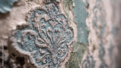 1940s-style wallpaper with elegant damask print, softened by layers of dust and softened green mold around the edges and corners, photographed with a shallow depth of field 1940s wallpaper, 
