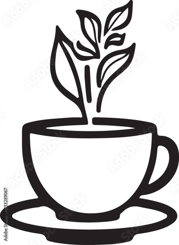 Illustration of a steaming coffee cup on a saucer with coffee beans scattered around on a white background
