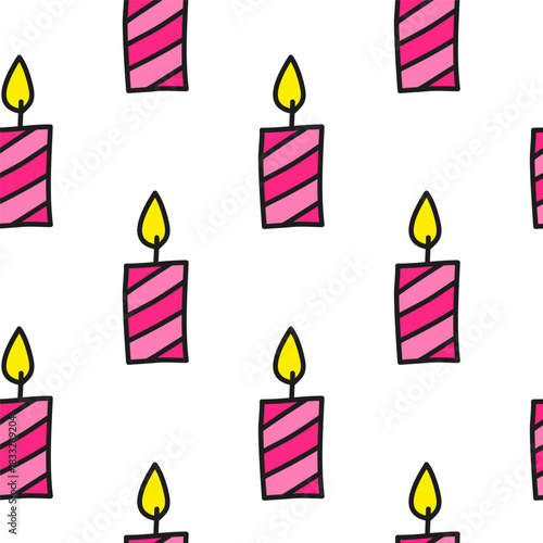 Cute seamless pattern with doodle striped candles on white background.