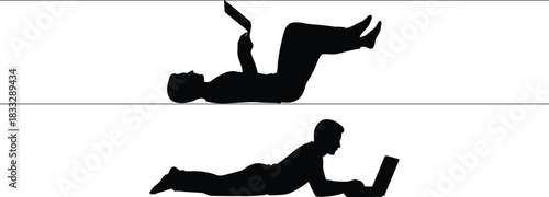 Silhouettes of people relaxing and working remotely, using a laptop and tablet while lying down for comfort and flexibility.