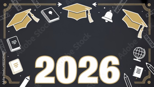 The background is dark with patterns associated with school (books, globe rulers, pencils). There is a frame around the edges. At the bottom of 2026. A photo with a place for the text.