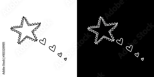 Star with hearts trailing on contrasting black and white backgrounds, isolated vector image, two versions on transparent and black backgrounds, pencil drawing, chalk drawing
 