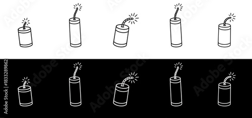Cartoon firecrackers in various styles, image set, seamless border, isolated vector image, two versions on transparent and black backgrounds, pencil drawing, chalk drawing
